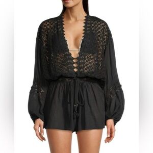 NWT Ramy Brook Hilary Balloon Sleeve Embroidered Romper in Black Medium Beach